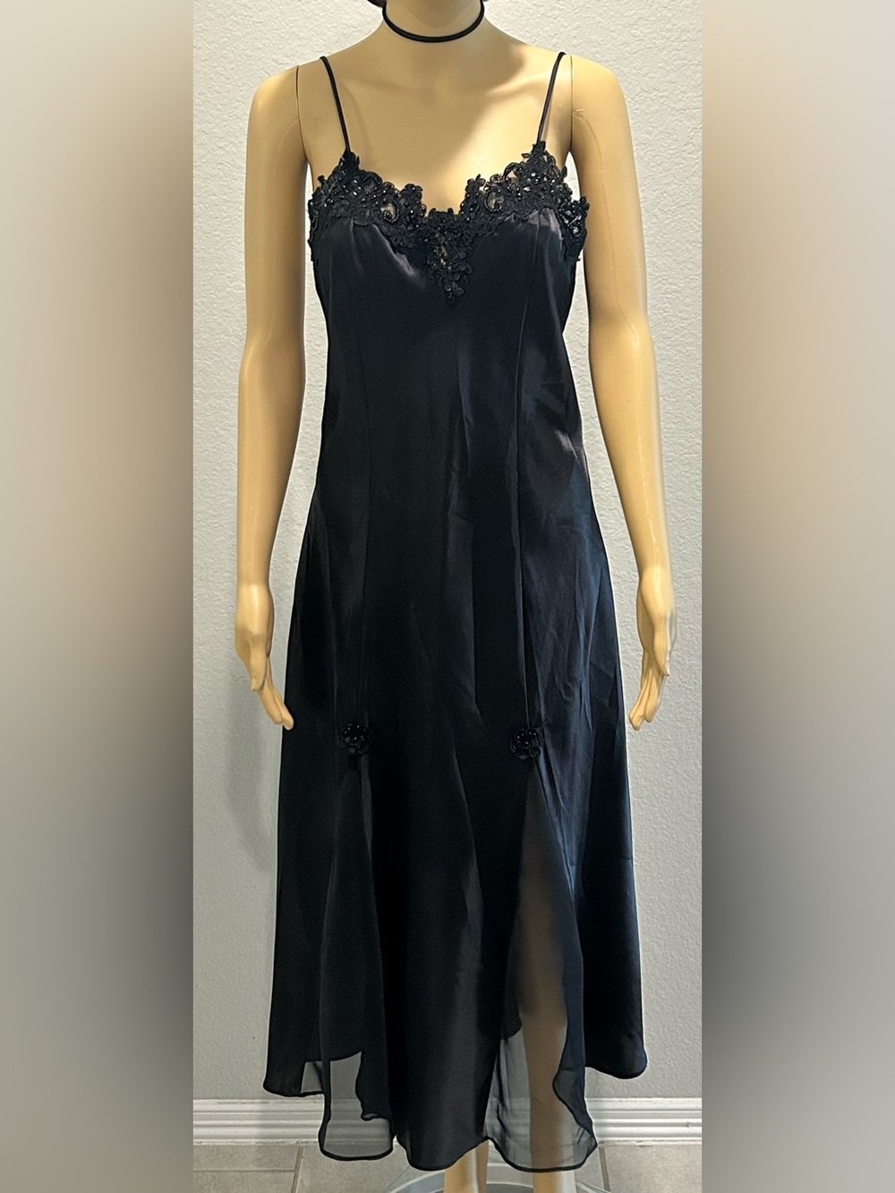 Elegant Black Lace-Trim Satin Slip Dress